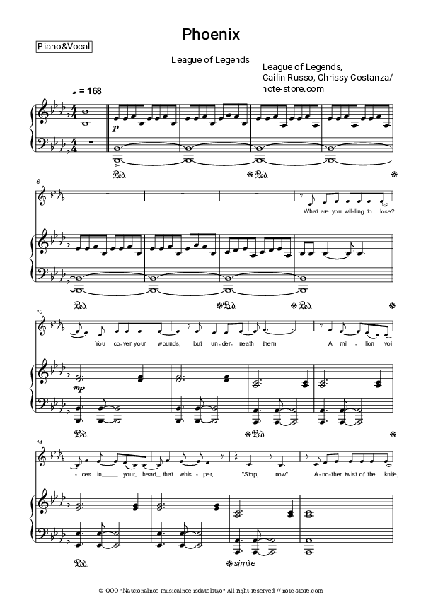 Phoenix - League of Legends, Cailin Russo, Chrissy Costanza Piano Sheet Music with the Voice part - Piano&Vocal