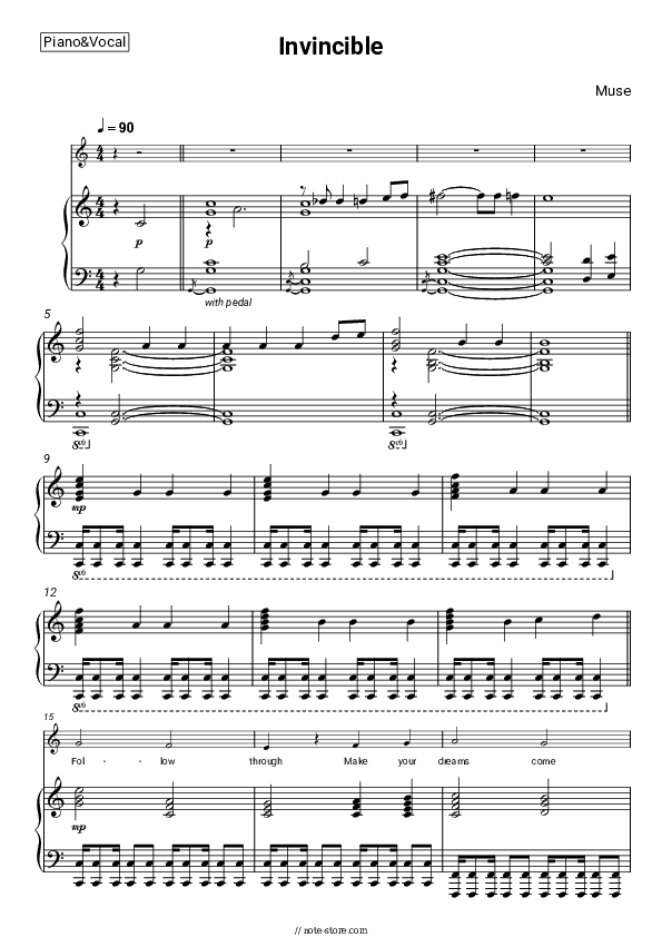 Invincible - Muse Piano Sheet Music with the Voice part - Piano&Vocal