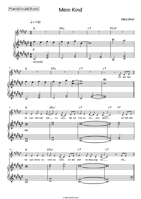 Mein Kind - Herzchen Piano Sheet Music with the Vocal and Chords - Piano&Vocal&Chords