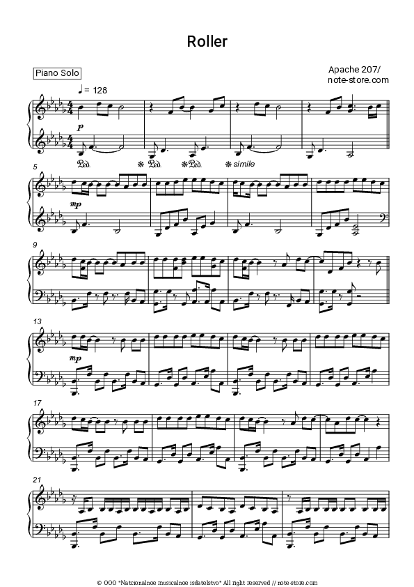 Roller - Apache 207 Piano Sheet Music - Piano.Solo