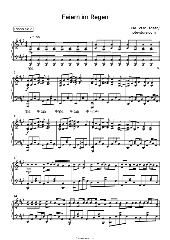 Feiern im Regen - Die Toten Hosen Piano Sheet Music - Piano.Solo
