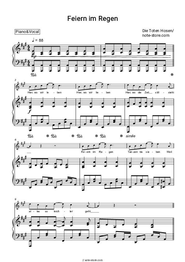 Feiern im Regen - Die Toten Hosen Piano Sheet Music with the Voice part - Piano&Vocal