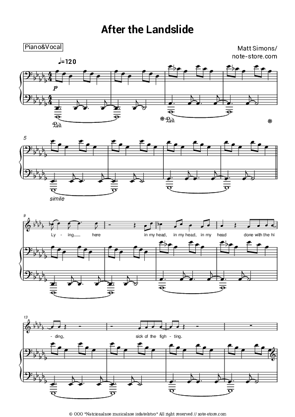 After the Landslide - Matt Simons Piano Sheet Music with the Voice part - Piano&Vocal