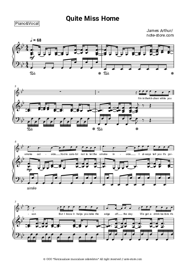 Quite Miss Home - James Arthur Piano Sheet Music with the Voice part - Piano&Vocal