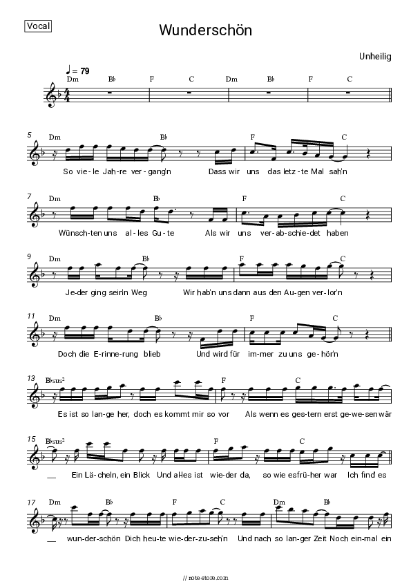 Wunderschön - Unheilig Vocal Sheet Music - Vocal
