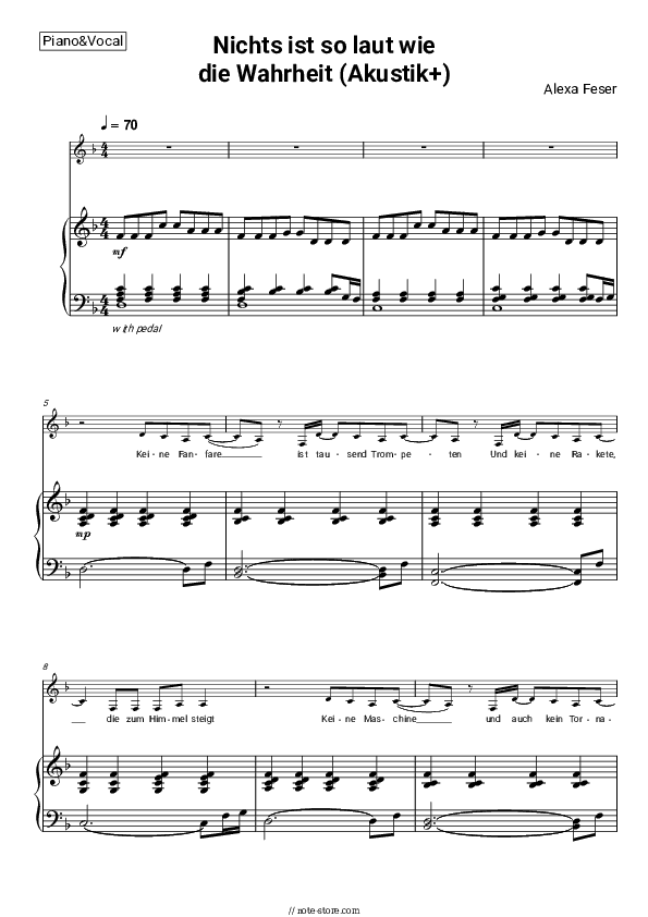 Nichts ist so laut wie die Wahrheit (Akustik+) - Alexa Feser Piano Sheet Music with the Voice part - Piano&Vocal