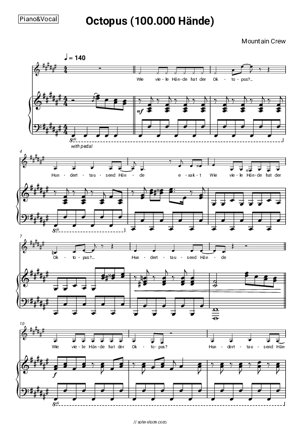 Octopus (100.000 Hände) - Mountain Crew Piano Sheet Music with the Voice part - Piano&Vocal