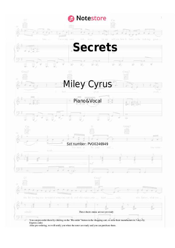 Secrets - Miley Cyrus, Lindsey Buckingham, Mick Fleetwood Piano Sheet Music with the Voice part - Piano&Vocal