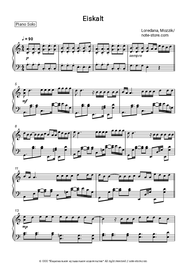 Eiskalt - Loredana, Mozzik Piano Sheet Music - Piano.Solo