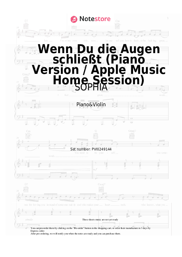 Wenn Du die Augen schließt (Piano Version / Apple Music Home Session) - SOPHIA Piano Sheet Music and Violin - Piano&Violin