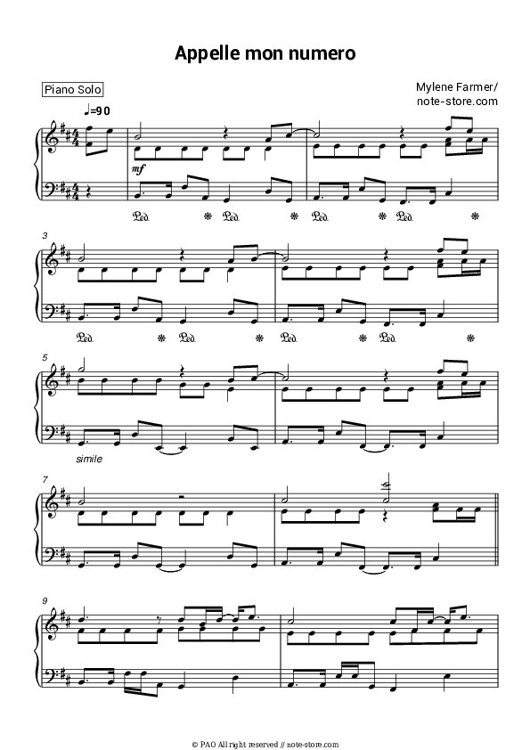 Appelle mon numero - Mylène Farmer Piano Sheet Music - Piano.Solo