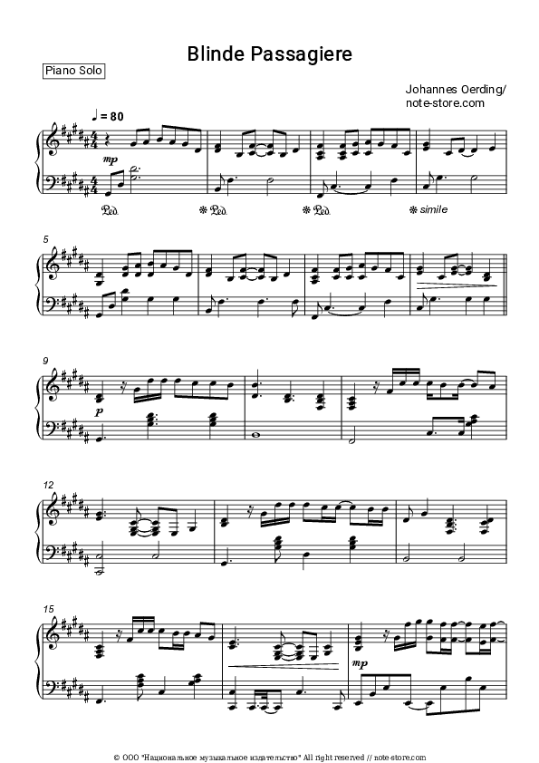 Blinde Passagiere - Johannes Oerding Piano Sheet Music - Piano.Solo