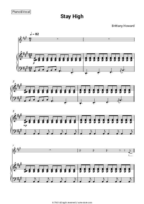 Stay High - Brittany Howard Piano Sheet Music with the Voice part - Piano&Vocal