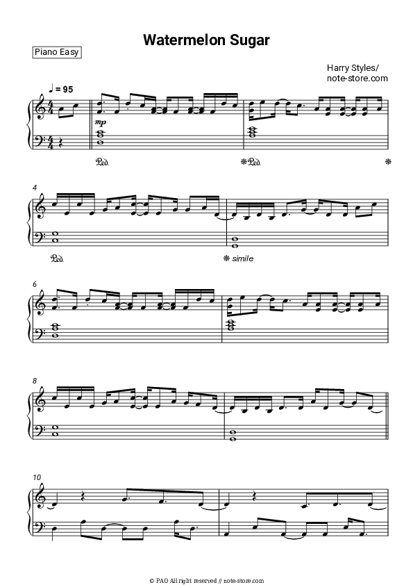 Watermelon Sugar - Harry Styles Piano Sheet Music Easy - Piano.Easy