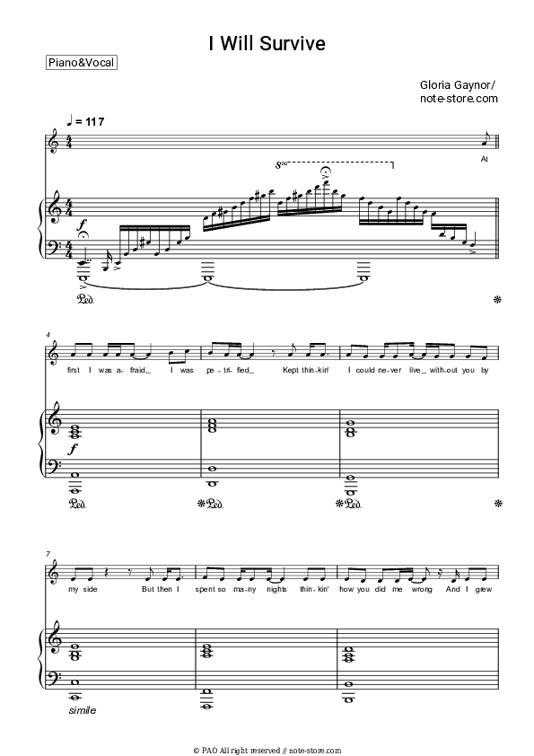 I Will Survive - Gloria Gaynor Piano Sheet Music with the Voice part - Piano&Vocal