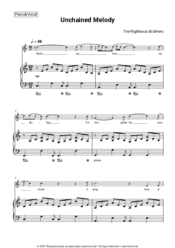 Unchained Melody - The Righteous Brothers Piano Sheet Music with the Voice part - Piano&Vocal