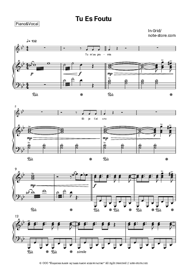 Tu Es Foutu - In-Grid Piano Sheet Music with the Voice part - Piano&Vocal