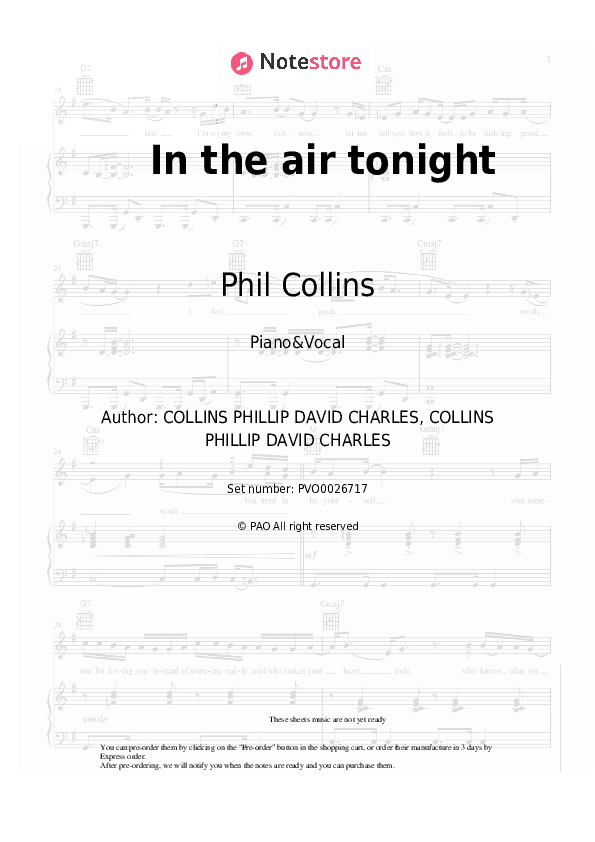 In the air tonight - Phil Collins Piano Sheet Music with the Voice part - Piano&Vocal