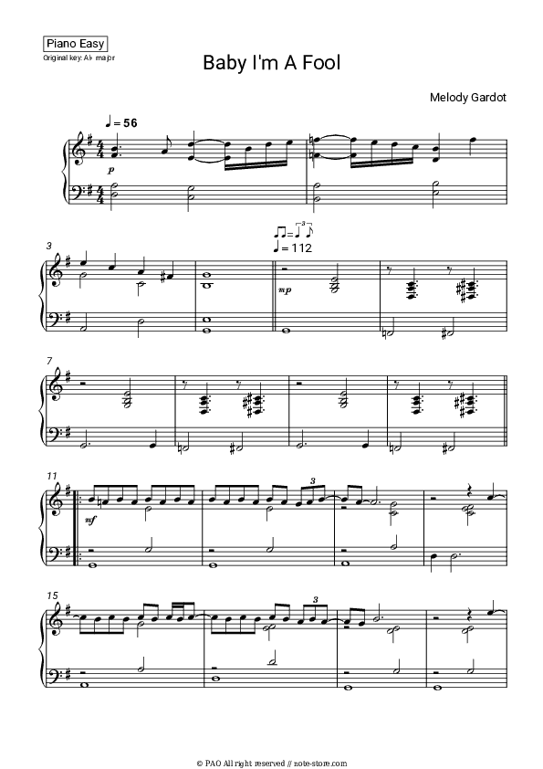 Baby I'm A Fool - Melody Gardot Piano Sheet Music Easy - Piano.Easy