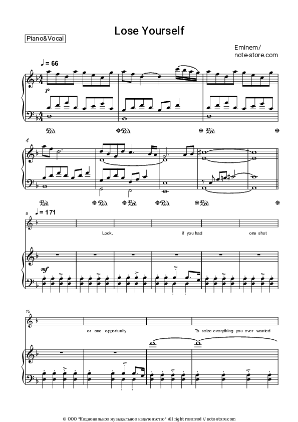 Lose Yourself - Eminem Piano Sheet Music with the Voice part - Piano&Vocal