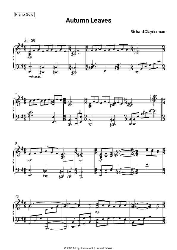 Autumn Leaves - Richard Clayderman Piano Sheet Music - Piano.Solo