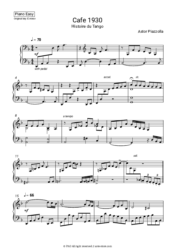 Histoire du Tango - Cafe 1930 - Astor Piazzolla Piano Sheet Music Easy - Piano.Easy