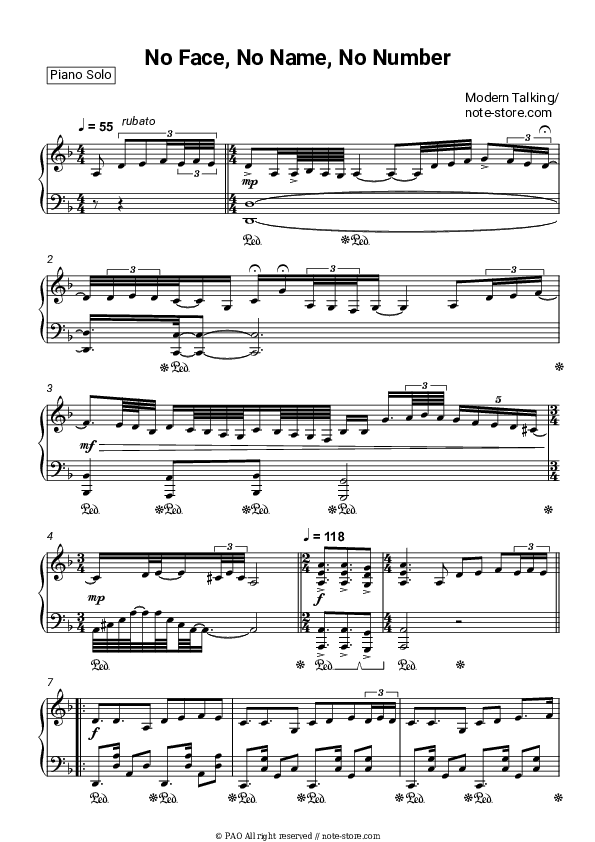 No Face, No Name, No Number - Modern Talking Piano Sheet Music - Piano.Solo