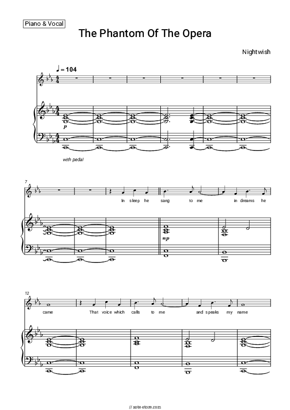 The Phantom Of The Opera - Nightwish Piano Sheet Music with the Voice part - Piano&Vocal