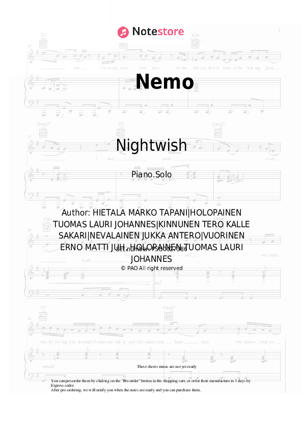 Nemo - Nightwish Piano Sheet Music - Piano.Solo