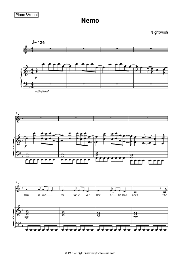 Nemo - Nightwish Piano Sheet Music with the Voice part - Piano&Vocal