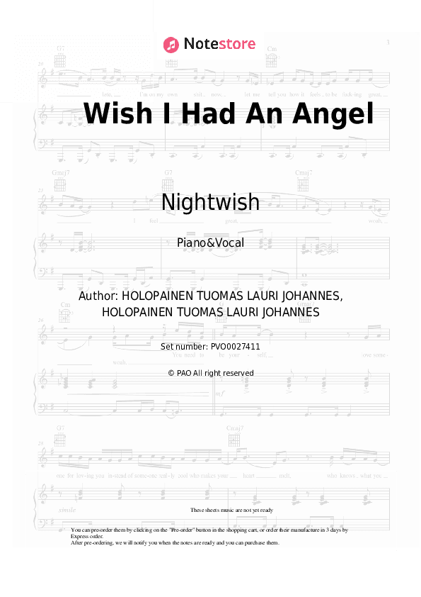 Wish I Had An Angel - Nightwish Piano Sheet Music with the Voice part - Piano&Vocal