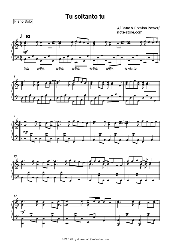Tu, soltanto tu - Al Bano & Romina Power Piano Sheet Music - Piano.Solo
