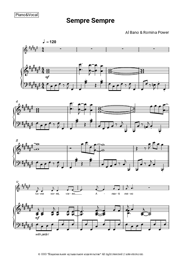 Sempre sempre (Siempre siempre) - Al Bano & Romina Power Piano Sheet Music with the Voice part - Piano&Vocal