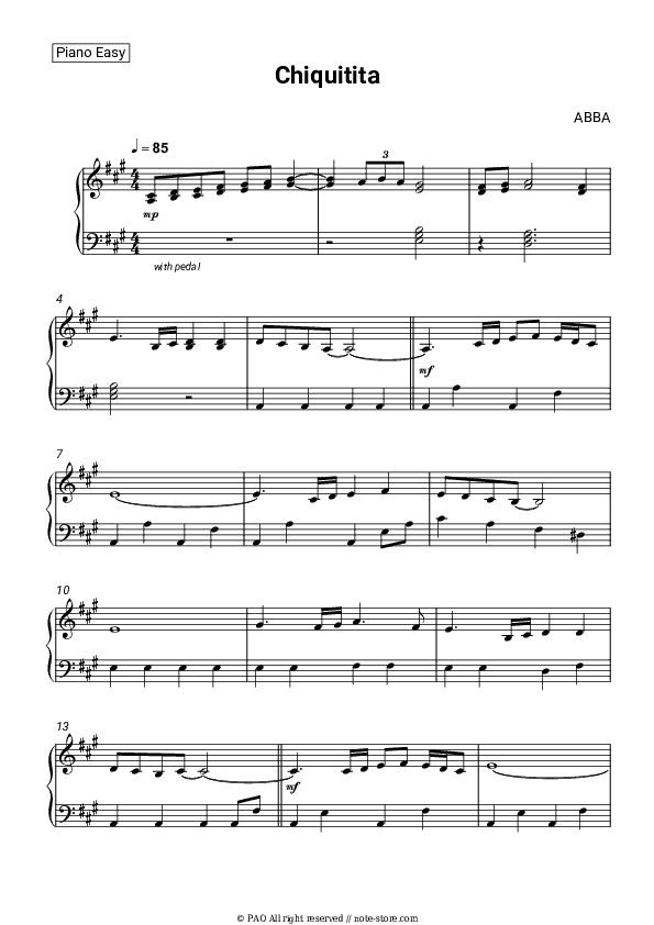 Chiquitita - ABBA Piano Sheet Music Easy - Piano.Easy