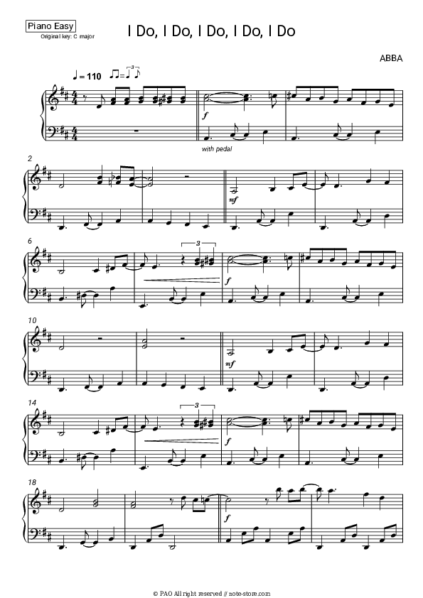 I Do, I Do, I Do, I Do, I Do - ABBA Piano Sheet Music Easy - Piano.Easy