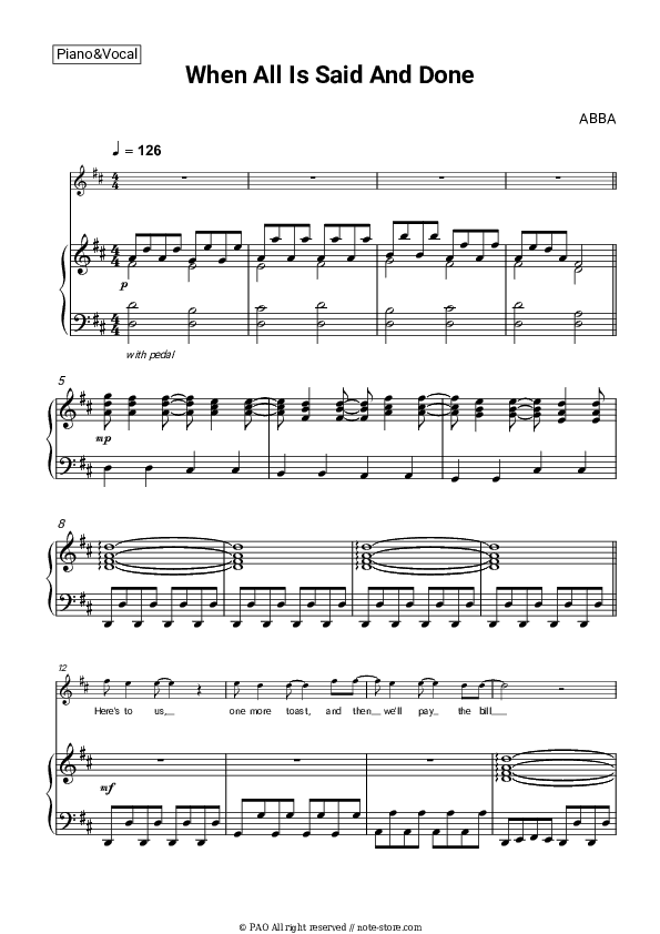 When All Is Said And Done - ABBA Piano Sheet Music with the Voice part - Piano&Vocal