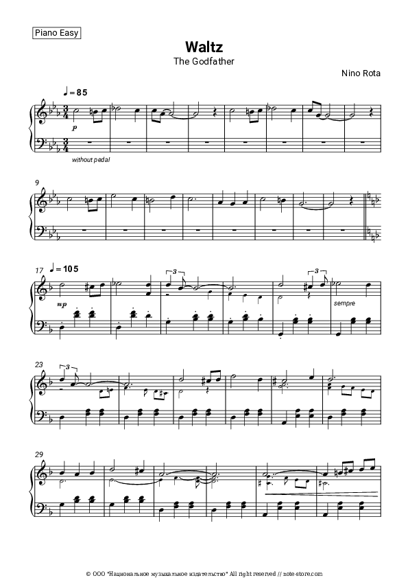 Main Title (The Godfather Waltz) - Nino Rota Piano Sheet Music Easy - Piano.Easy