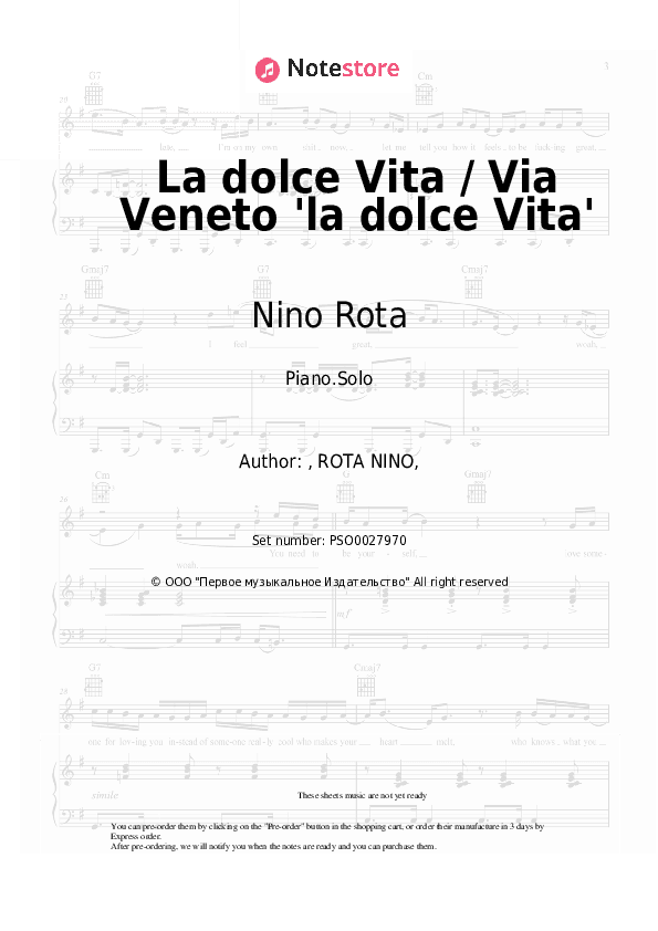 La dolce Vita / Via Veneto 'la dolce Vita' - Nino Rota Piano Sheet Music - Piano.Solo