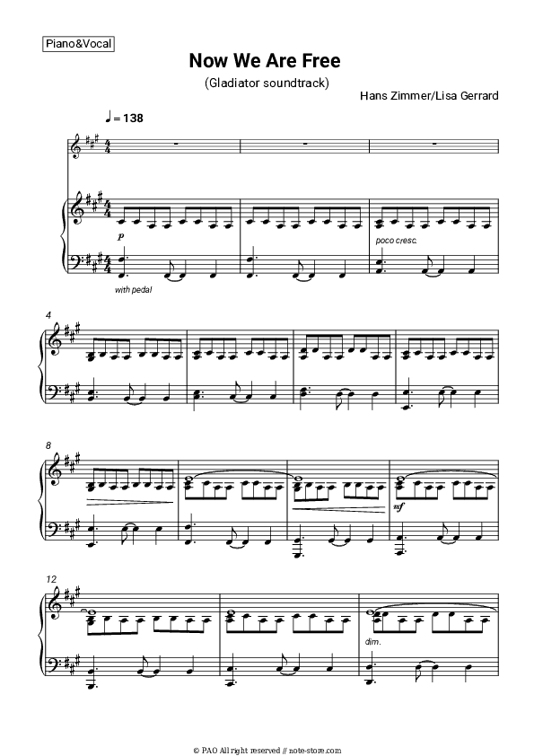 Now We Are Free (Gladiator soundtrack) - Hans Zimmer, Klaus Badelt, Lisa Gerrard Piano Sheet Music with the Voice part - Piano&Vocal