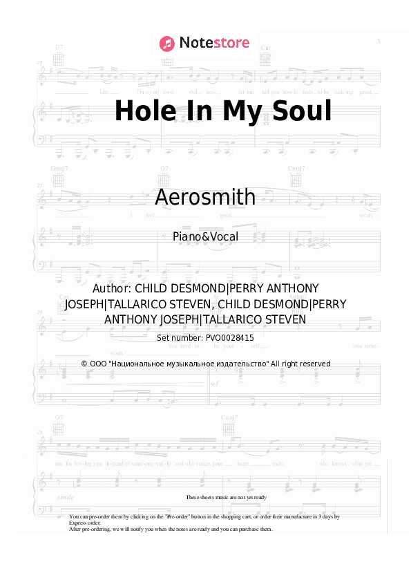 Hole In My Soul - Aerosmith Piano Sheet Music with the Voice part - Piano&Vocal