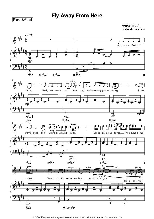 Fly Away From Here - Aerosmith Piano Sheet Music with the Voice part - Piano&Vocal