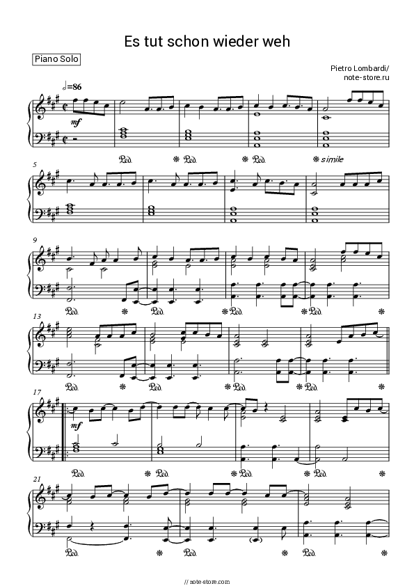 Es tut schon wieder weh - Pietro Lombardi Piano Sheet Music - Piano.Solo