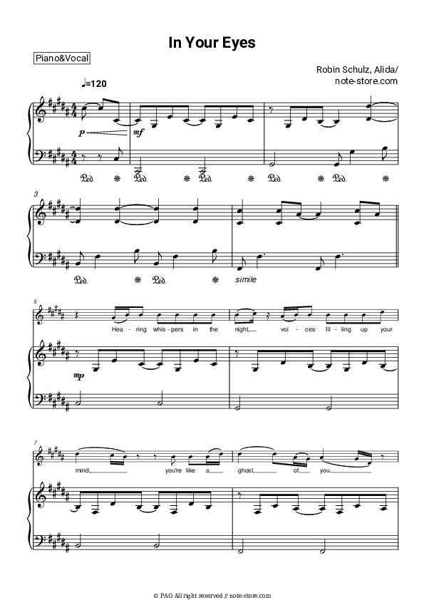 In Your Eyes - Robin Schulz, Alida Piano Sheet Music with the Voice part - Piano&Vocal