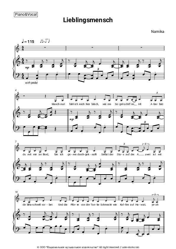 Lieblingsmensch - Namika Piano Sheet Music with the Voice part - Piano&Vocal