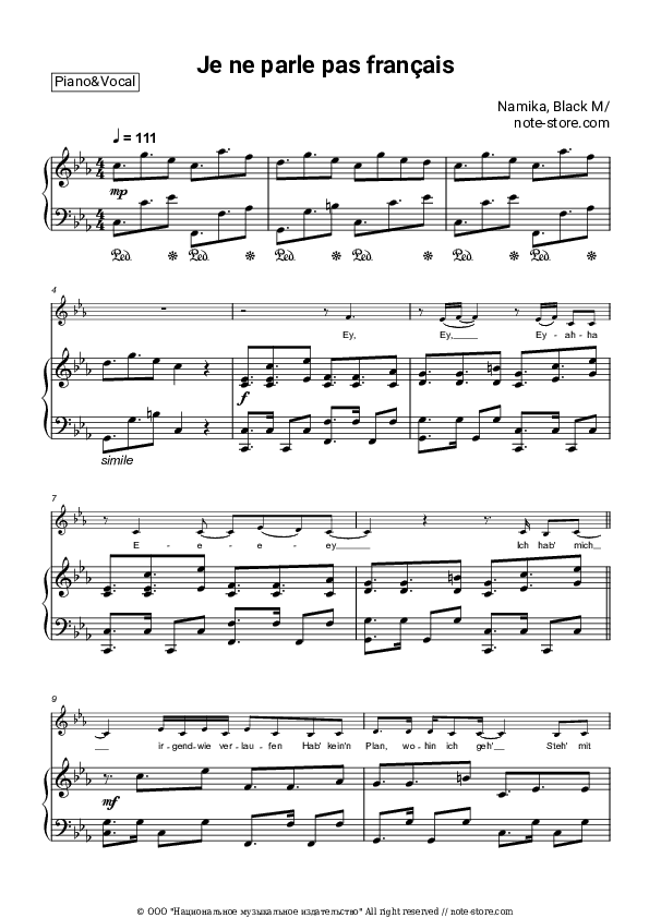 Je ne parle pas français - Namika, Black M Piano Sheet Music with the Voice part - Piano&Vocal