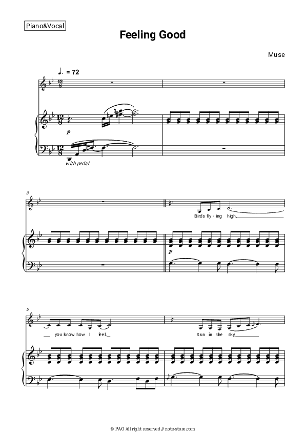 Feeling Good - Muse Piano Sheet Music with the Voice part - Piano&Vocal