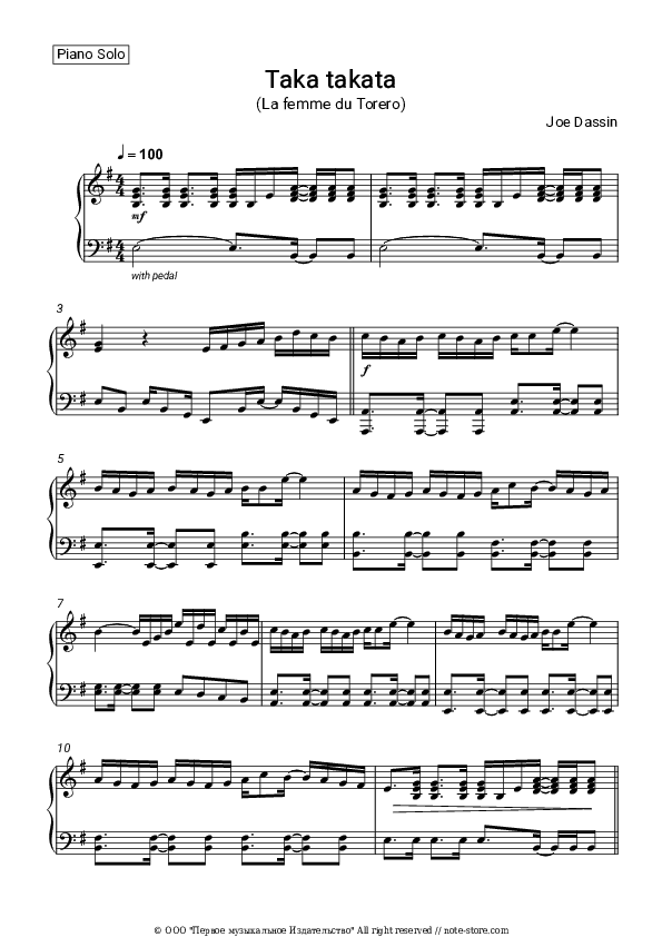 Taka takata (La femme du Torero) - Joe Dassin Piano Sheet Music - Piano.Solo