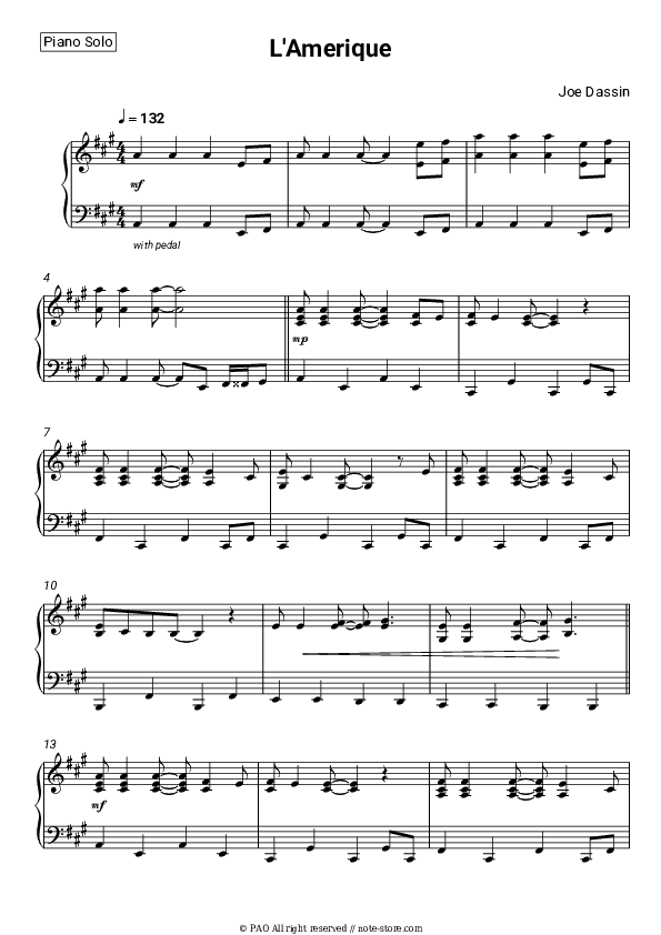 L'Amerique - Joe Dassin Piano Sheet Music - Piano.Solo
