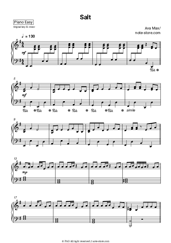 Salt - Ava Max Piano Sheet Music Easy - Piano.Easy