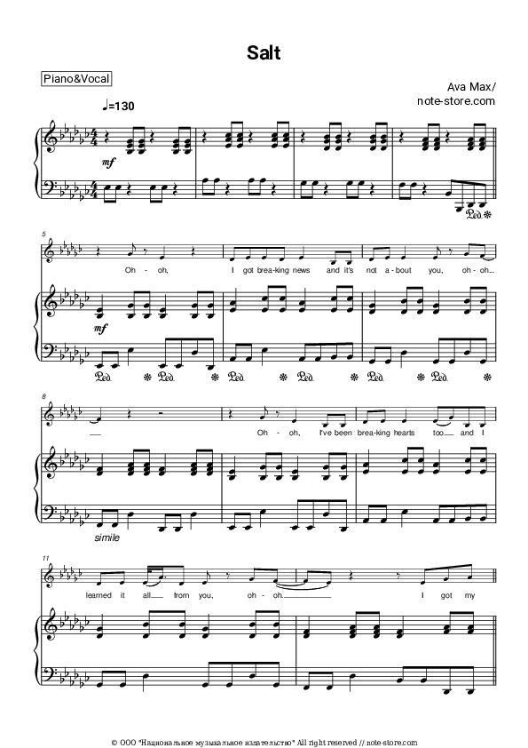 Salt - Ava Max Piano Sheet Music with the Voice part - Piano&Vocal